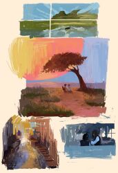 Rule 34 | 4girls, blue sky, day, grass, highres, hill, multiple girls, original, painting (medium), path, people, road, scenery, sketch, sky, slow d, street, sunset, traditional media, tree
