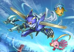 2boys armor beak bird blue_armor body_fur brown_fur clenched_hands duel_monster ganbariiiyo green_eyes group_picture hedgehog highres junk_warrior mechanical_wings midair multiple_boys pink_frills quillbolt_hedgehog sonic_chick speed_warrior white_armor wings yu-gi-oh! yu-gi-oh!_5d&#039;s