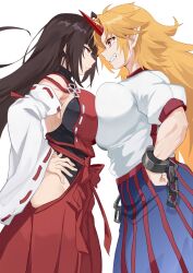 Rule 34 | 2girls, absurdres, asymmetrical docking, blonde hair, blue skirt, bracelet, breast press, breasts, brown hair, closed mouth, commentary request, detached sleeves, face-to-face, from side, hakama, hakama skirt, highres, horns, hoshiguma yuugi, jager, japanese clothes, jewelry, large breasts, long hair, looking at another, multiple girls, pointy ears, red eyes, red skirt, ribbon-trimmed sleeves, ribbon trim, sendai hakurei no miko, sharp teeth, shirt, simple background, single horn, skirt, teeth, touhou, white background, white shirt