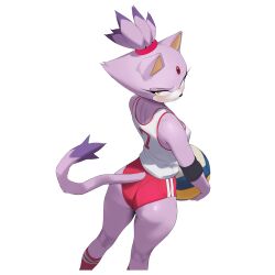 1girl animal_ears ass ball blaze_the_cat breasts buruma cat_ears cat_tail commentary english_commentary eyelashes forehead_jewel furry furry_female highres holding holding_ball kneepits purple_fur red_buruma red_socks small_breasts smewed socks solo sonic_(series) sportswear standing tail tank_top thighs transparent_background volleyball_(object) volleyball_uniform white_tank_top yellow_eyes