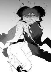 2boys anal_fluid aroused ass blush bottomless breath bridal_gauntlets clothed_sex commentary dual_persona eye_contact face-to-face frottage frown genshin_impact grabbing_another&#039;s_chin gradient_background grey_background grin hand_on_another&#039;s_chin hashtag-only_commentary heart highres japanese_clothes leg_between_thighs legs_together llxx88103769 looking_at_another loving_aura lying male_focus multiple_boys nose_blush on_side open_mouth profile scaramouche_(genshin_impact) selfcest short_hair simple_background smile sound_effects spread_legs symbol-only_commentary testicles tongue tongue_out translation_request twitching wanderer_(genshin_impact) wolf_cut yaoi