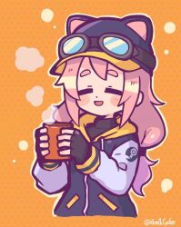 Rule 34 | 1girl, :d, = =, amacyder, animal ear headwear, animal ears, animal hat, baseball cap, black gloves, black shirt, blush, blush stickers, cat ears, cat hat, closed eyes, cropped torso, cup, drawstring, eyewear on headwear, facing viewer, fake animal ears, fingerless gloves, gloves, goggles, goggles on head, goggles on headwear, hat, holding, holding cup, hood, hooded jacket, jacket, long hair, long sleeves, low-tied long hair, mug, open mouth, orange background, outline, pink hair, shirt, short eyebrows, simple background, smile, solo, steam, steam (platform), steam delivery girl, thick eyebrows, twintails, twitter username, upper body, white outline