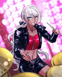 1girl absurdres alternate_costume black_jacket black_shorts collarbone crop_top dark-skinned_female dark_skin drum drum_set drumsticks female_focus grey_eyes grin highres instrument jacket kawana_tsubasa long_hair long_sleeves mole mole_under_mouth navel official_alternate_costume open_mouth red_shirt shirt shorts smile solo solo_focus sweat sweatdrop teeth the_hundred_line_-last_defense_academy- white_hair