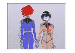 2girls black_hair blue_eyes blue_hair bob_cut border censored commentary_request covered_face cowboy_shot crying glaring gradient_hair grey_background gundam gundam_gquuuuuux highres holding_hands long_hair looking_at_viewer mecha_pilot_suit multicolored_hair multiple_girls open_mouth shaded_face shiiko_sugai short_hair tsudzumiya_mare white_background white_border