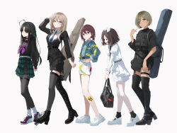 Rule 34 | 5girls, absurdres, ahoge, arms behind back, asymmetrical sleeves, awa subaru, bag, belt, black bag, black belt, black boots, black choker, black hair, black jacket, black necktie, black pantyhose, black sailor collar, black shirt, black shoes, black shorts, black socks, black thighhighs, blue eyes, blue jacket, blue shirt, blush, boots, brown eyes, brown hair, censored, choker, closed mouth, collared shirt, commentary, dress, dress shirt, ear piercing, earrings, ebizuka tomo, full body, garter straps, girls band cry, green ribbon, green skirt, grey hair, guitar case, hair between eyes, hair ribbon, hand on own hip, hand up, high heels, highres, holding, holding bag, instrument case, instrument on back, iseri nina, jacket, jewelry, juliet sleeves, kawaragi momoka, load bearing vest, lollipop in mouth, long hair, long hair between eyes, long sleeves, looking at viewer, low twintails, mole, mole under eye, mosaic censoring, multicolored hair, multiple girls, neckerchief, necktie, open mouth, pantyhose, pantyhose under shorts, parted bangs, piercing, pinky out, plaid clothes, plaid skirt, pleated skirt, puffy sleeves, purple eyes, purple neckerchief, purple shoes, red eyes, ribbon, roots (hair), rupa (girls band cry), sailor collar, school uniform, serafuku, shirt, shoes, short hair, short twintails, shorts, shorts under skirt, simple background, single thigh boot, single thighhigh, skirt, socks, sukaliya, thigh boots, thigh strap, thighhighs, three-quarter sleeves, togenashi togeari, twintails, watermark, weibo watermark, white background, white dress, white shirt, white shoes, white shorts, white socks, yellow belt