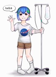... 1girl bags_under_eyes bandages bandaid blue_hair brown_eyes brown_shorts datweirdowholuvsmilk earth-chan english_text female_focus full_body green_hair grin injury intravenous_drip logo multicolored_hair nasa nasa_logo nervous_smile original pigeon-toed shirt short_hair shorts smile socks solo tareme two-tone_hair waving white_background white_shirt