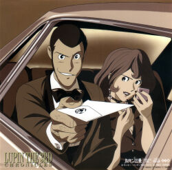 1997 1boy 1girl applying_makeup applying_own_makeup arsene_lupin_iii black_hair brown_hair car compact_(cosmetics) cosmetics couple earrings game_console highres incoming_gift jacket jewelry letter lipstick lupin_iii makeup mine_fujiko monochrome motor_vehicle official_art open_window scorpio_(symbol) sega_saturn short_hair smile tuxedo video_game window