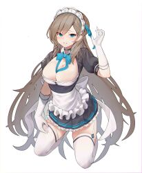 Rule 34 | 1girl, absurdres, apron, asuna (blue archive), bei qi, between breasts, black dress, blue archive, blue eyes, breasts, brown hair, cleavage, commentary, dress, gloves, hand up, highres, kneeling, large breasts, long hair, looking at viewer, maid, maid headdress, mole, mole on breast, puffy short sleeves, puffy sleeves, ribbon between breasts, short sleeves, simple background, smile, solo, symbol-only commentary, thighhighs, very long hair, waist apron, white apron, white background, white gloves, white thighhighs