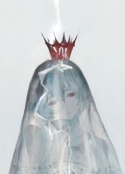 Rule 34 | 1girl, absurdres, ayanami rei, blue hair, crown, expressionless, hand on own cheek, hand on own face, highres, hj hikari0606, looking at viewer, mantle, neon genesis evangelion, red crown, red eyes, see-through clothes, see-through headwear, short hair, simple background, solo, upper body, veil, white background