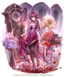 1girl alternate_costume black_thighhighs bouquet breasts chinese_commentary clock commentary_request commission csyday dress falling_petals flower grandfather_clock hair_flower hair_ornament highres honkai:_star_rail honkai_(series) large_breasts long_hair petals phonograph purple_dress purple_eyes purple_hair sample_watermark solo spider_web_print thighhighs watermark white_background