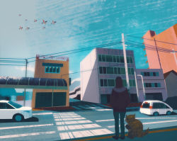1boy blue_sky building car city cloud cloudy_sky commentary creatures_(company) denim english_commentary game_freak gen_1_pokemon highres jacket jeans motor_vehicle nintendo outdoors pants pewter_city pokemon pokemon_(creature) power_lines road sandshrew shoes simone_mandl sky spearow utility_pole
