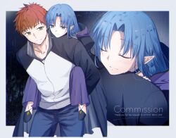 1boy 1girl age_difference alternate_universe black_jacket blue_eyes blue_hair braid breaker_gorgon carrying carrying_person contemporary dress emiya_shirou fate/stay_night fate_(series) hetero highres igote jacket lifting_person long_hair looking_at_another mct medea_(caster)_(fate) medea_(fate) night night_sky orange_hair outdoors pointy_ears purple_lips raglan_sleeves rain red_hair role_reversal side_braid size_difference sky smile water_drop wet wet_clothes white_jacket witch