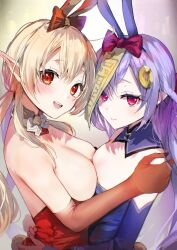 :d aged_up bow braid breasts brown_gloves cleavage commentary_request ear_bow elbow_gloves from_side genshin_impact gloves hair_between_eyes hair_ornament highres klee_(genshin_impact) leotard long_hair looking_at_viewer medium_breasts ofuda open_mouth pointy_ears purple_bow purple_eyes purple_hair purple_leotard qiqi_(genshin_impact) red_bow red_eyes red_leotard small_breasts smile teeth tomozero upper_teeth_only very_long_hair