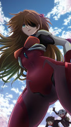 1boy 2girls ass ayanami_rei blue_eyes blue_hair blue_sky blush bodysuit breasts brown_eyes brown_hair cameltoe curvy evangelion:_3.0+1.0_thrice_upon_a_time evangelion:_3.0_you_can_(not)_redo falling floating_hair fujitaka_nasu green_eyes highres ikari_shinji jumping kicking legs_apart looking_at_another looking_away looking_up mecha_pilot_suit medium_breasts multiple_girls neon_genesis_evangelion open_mouth phone plugsuit_(evangelion) rebuild_of_evangelion red_bodysuit red_eyes short_hair sky solo_focus souryuu_asuka_langley spoken_squiggle squiggle sweat thighs two_side_up wavy_mouth what
