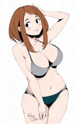 1girl artist_name black_eyes blush_stickers boku_no_hero_academia bra breasts brown_hair cleavage collarbone cowboy_shot facing_viewer hand_on_own_head large_breasts looking_to_the_side navel panties relaxjon short_hair solo tongue tongue_out underwear uraraka_ochaco white_background