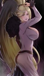 1girl absurdly_long_hair belt black_belt black_eyes blonde_hair breasts cleavage dress feather_boa fur_trim hand_in_own_hair heterochromia high_ponytail highres hilda_(under_night_in-birth) large_breasts long_dress long_hair looking_at_viewer multicolored_dress off-shoulder_dress off_shoulder ponii ponytail red_eyes smile solo swept_bangs two-tone_dress under_night_in-birth very_long_hair