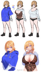 1girl black_shorts blonde_hair blue_hoodie breasts breasts_squeezed_together color_guide commentary english_commentary hair_bun highres hood hoodie hwanker large_breasts leotard original petite purple_eyes reference_sheet shorts shy sweater thalia_(hwanker)