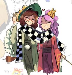 3girls brown_hair dushiido futatsuiwa_mamizou green_hat green_kimono hat highres holding holding_smoking_pipe japanese_clothes kimono komakusa_sannyo medicine_melancholy multiple_girls plaid_clothes plaid_scarf purple_hair red_kimono scarf smile smoking_pipe touhou wide_sleeves