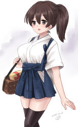 1girl bag black_hairband black_thighhighs blue_hakama blue_skirt gift hairband hakama hakama_short_skirt hakama_skirt handbag japanese_clothes kaga_(kancolle) kantai_collection kitagawa_mikio long_hair one-hour_drawing_challenge side_ponytail skirt solo standing thighhighs