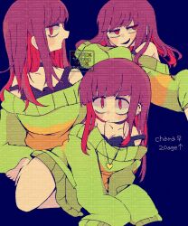 1girl aged_up alternate_hair_length alternate_hairstyle arm_support bags_under_eyes bare_legs bare_shoulders barefoot black_choker black_mouth black_tank_top blue_background blunt_bangs breasts brown_hair chara_(undertale) character_name choker cleavage closed_mouth collarbone cropped_torso dot_nose frown full_body genderswap genderswap_(otf) gold_necklace green_sweater heart heart_necklace highres jewelry large_breasts leaning_forward long_hair long_sleeves looking_ahead looking_at_viewer mr0x0 multicolored_hair multiple_views necklace no_pants off-shoulder_sweater off_shoulder open_mouth orange_sweater profile puffy_long_sleeves puffy_sleeves red_eyes red_hair sidelocks simple_background sitting sleeves_past_fingers sleeves_past_wrists smile straight_hair strap_slip striped_clothes striped_sweater sweater tank_top teeth tongue tongue_out too_many_watermarks two-tone_hair two-tone_sweater undertale upper_teeth_only upturned_eyes v-shaped_eyebrows venus_symbol watermark yokozuwari