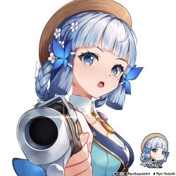 1girl absurdres aiming aiming_at_viewer ayaka_(genshin_impact) blue_dress blue_eyes blue_hair blue_pupils braid braided_hair_rings breasts brown_hat butterfly_hair_ornament commentary_request dress fingernails flower genshin_impact genshin_impact_sticker_redraw_(meme) glint gun hair_flower hair_ornament hair_rings handgun hat highres holding holding_gun holding_weapon kamisato_ayaka kamisato_ayaka_(springbloom_missive) looking_at_viewer medium_breasts meme mixed-language_commentary mole mole_under_eye neck_tassel official_alternate_costume official_alternate_hairstyle partial_commentary reference_inset ryo-suzuki simple_background twitter_username upper_body weapon white_background