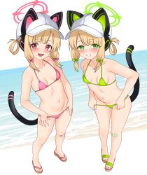 2girls animal_ears animal_hat bandaid bandaid_on_leg baseball_cap beach bikini blonde_hair blue_archive blush breasts cameltoe cat_ears cat_hat cat_tail eyebrows_hidden_by_hair feichu_keju full_body green_bikini green_eyes green_halo groin hair_rings halo hat highres leaning_forward loli looking_at_viewer medium_hair midori_(blue_archive) momoi_(blue_archive) multiple_girls navel ocean open_mouth petite pink_bikini pink_eyes pink_halo sandals siblings single_hair_ring sisters small_breasts smile stomach swimsuit tail teeth twins undressing upper_teeth_only white_hat