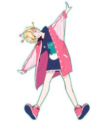 1girl alien antennae bare_legs black_hoodie blonde_hair blush dandadan full_body green_eyes grin highres hood hood_down hoodie jacket leaning_to_the_side looking_at_viewer one_eye_closed open_clothes open_jacket outstretched_arms pink_jacket pink_shoes shoes short_hair smile solo star_(symbol) tiemoww vamola_(dandadan) white_background