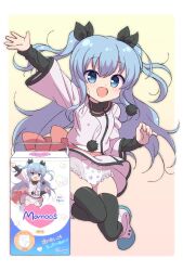1girl black_thighhighs blue_eyes blue_hair blush breasts commission dated diaper ecstasy_mamo layered_sleeves loli long_hair long_sleeves noel_(sora_no_method) open_mouth signature skeb_commission small_breasts solo sora_no_method striped_blush thighhighs translation_request two_side_up upskirt