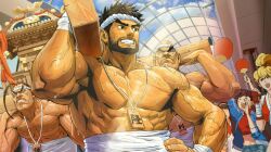 3boys 3girls artist_request bald beard blonde_hair brown_hair chitose_kei commentary english_commentary facial_hair genryuusai_maki hachimaki headband hibiki_dan highres kasugano_sakura large_pectorals male_focus mikoshi multiple_boys multiple_girls muscular muscular_male nejiri_hachimaki no_nipples official_art pectorals retsu_(street_fighter) ryu_(street_fighter) short_hair street_fighter street_fighter_6 sweat topless_male