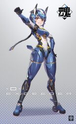Rule 34 | 1girl, absurdres, breasts, chromatic aberration, english text, full body, grin, hand on own hip, highres, joints, korean commentary, looking at viewer, mar10, medium breasts, original, robot joints, science fiction, smile, solo, standing, yellow eyes