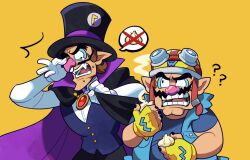 2boys ? ?? belt big_nose black_eyes black_nails blue_jacket blue_shirt confused eating facial_hair fangs fingerless_gloves gloves goggles goggles_on_head hat helmet highres jacket long_sleeves looking_at_another loveycloud male_focus mario_(series) mario_kart mario_kart_tour multiple_boys mustache nintendo official_alternate_costume pointy_ears red_belt shirt short_sleeves simple_background smell speech_bubble thick_eyebrows vampire_costume waluigi waluigi_(vampire) wario warioware white_gloves yellow_background yellow_gloves