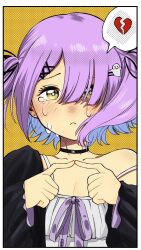 Rule 34 | 1girl, :&lt;, black cardigan, black choker, blunt bangs, blush, border, broken heart, cardigan, choker, colored inner hair, crying, hair ornament, hair over one eye, hairpin, heart, highres, index fingers together, kou hei (takasr kou), long sleeves, looking at viewer, multicolored hair, nose blush, open cardigan, open clothes, parted bangs, portrait, purple hair, purple ribbon, ribbon, shinomiya runa, shinomiya runa (1st costume), single bare shoulder, single off shoulder, solo, spaghetti strap, strap slip, streaming tears, tears, two side up, virtual youtuber, vspo!, white border, white chemise, x hair ornament, yellow background, yellow eyes