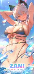 1girl absurdres alternate_costume armpits arms_behind_head arms_up black_horns blue_sky blush bodysuit breasts character_name closed_mouth commentary_request curled_horns dated day english_text grey_bodysuit grey_hair hair_between_eyes highres horns korean_commentary large_breasts looking_at_viewer navel outdoors red_eyes sky smile solo stomach sunglasses wet wuthering_waves xxinainaxx zani_(wuthering_waves)