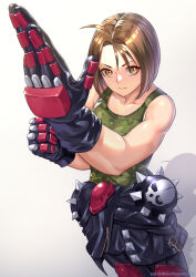 1girl ahoge black_gloves brown_eyes brown_hair camouflage camouflage_shirt closed_mouth eyelashes gloves green_shirt green_tank_top highres justice_gakuen kazama_akira pixiv_id seed01010 shadow shirt short_hair simple_background solo street_fighter street_fighter_v tank_top toned toned_female twitter_username white_background