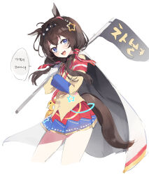 1girl :d absurdres animal_ears armband black_hairband blue_eyes blue_skirt blush brown_hair brown_tail cape commentary_request contrapposto cropped_legs crossed_bangs double-parted_bangs flag floating_hair gloves grace_(kor)_(racehorse) hair_ornament hairband hands_up highres holding holding_flag horse_ears horse_girl horse_tail jacket korean_commentary korean_text long_hair long_sleeves looking_at_viewer low_twintails meunhongcha miniskirt open_mouth original pleated_skirt red_armband red_skirt simple_background sketch skirt smile solo speech_bubble star_(symbol) star_hair_ornament studded_hairband tail thighs translation_request twintails two-handed two-tone_skirt umamusume white_background white_cape white_gloves yellow_jacket