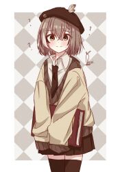 1girl ? beret black_hair black_necktie book border brown_eyes brown_hair brown_skirt brown_sweater brown_thighhighs brown_trim checkered_background collared_shirt confused cowboy_shot crossed_bangs daikon_keroi dot_nose grey_background hair_between_eyes hat hat_feather highres holding holding_book hololive hololive_english light_blush light_smile long_sleeves miniskirt multicolored_hair nanashi_mumei necktie outside_border oversized_clothes pleated_skirt shirt short_hair signature simple_background skirt small_sweatdrop solo streaked_hair sweater thighhighs v-neck very_long_sleeves virtual_youtuber white_background white_border white_hair white_shirt yellow_sweater zettai_ryouiki