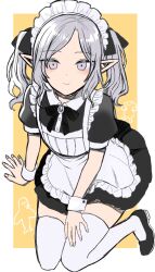 1boy alternate_costume androgynous apron black_dress blush border crossdressing dress dungeon_meshi elf enmaided frilled_apron frills full_body grey_eyes grey_hair hair_ribbon highres kanae_(doodle_rakugaki) looking_at_viewer maid maid_apron maid_headdress male_focus male_maid medium_hair mithrun mithrun_(young) pointy_ears ribbon sitting smile solo thighhighs trap wavy_hair white_apron white_border white_thighhighs wrist_cuffs yellow_background