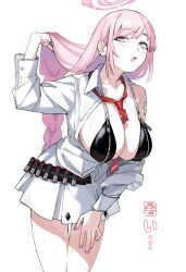 1girl bandaid bandaid_on_shoulder bandolier belt between_breasts bikini blue_archive braid breast_zipper breasts collarbone cowboy_shot dress_shirt eimi_(blue_archive) halo hand_on_own_thigh highres holding holding_own_hair kawatiw large_breasts light_blush long_hair long_sleeves loose_necktie low-braided_long_hair low-tied_long_hair nail_polish necktie necktie_between_breasts open_clothes open_mouth partially_unbuttoned pink_eyes pink_hair pink_halo pink_nails red_necktie shirt shotgun_shell simple_background skirt solo sweat swimsuit translation_request undone_sleeve_cuffs white_background white_skirt zipper_bikini