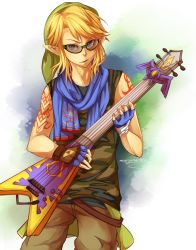 1boy alternate_costume belt blonde_hair blue_eyes camouflage camouflage_shirt electric_guitar fingerless_gloves gloves green-framed_eyewear green_shirt guitar guitar_hero hat instrument link long_hair male_focus nintendo pants pointy_ears scarf shirt sleeveless sleeveless_shirt smile solo sunglasses tattoo the_legend_of_zelda