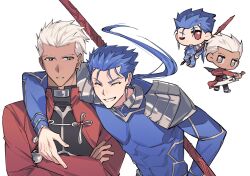 Rule 34 | 2boys, archer (fate), arm around shoulder, blue hair, chibi, chinese commentary, closed eyes, commentary request, crossed arms, cu chulainn (fate), cu chulainn (fate/stay night), dark-skinned male, dark skin, dual wielding, earrings, fate/stay night, fate (series), frown, gae bolg (fate), grey eyes, highres, holding, holding polearm, holding sword, holding weapon, jewelry, kanshou &amp; bakuya (fate), male focus, multiple boys, one eye closed, polearm, red eyes, shoulder plates, smile, spear, sword, turtleneck, weapon, white hair, y111111n