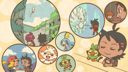 Rule 34 | 1girl, 3boys, alolan form, alolan ninetales, antenna hair, aqua gloves, ash ketchum, aura, backpack, bag, baseball cap, black boots, black hair, black jacket, blue eyes, blue sky, blue vest, blush, blush stickers, boots, braid, branch, bright pupils, brown bag, brown hair, chibi, chloe (pokemon), closed eyes, closed mouth, cloud, commentary request, dark-skinned male, dark skin, day, eyelashes, fangs, floating, from behind, gary oak, gen 1 pokemon, gen 7 pokemon, gen 8 pokemon, gloves, goh (pokemon), green bag, grey shirt, grookey, handshake, hat, highres, holding, holding branch, hood, hood down, hooded jacket, jacket, legendary pokemon, long hair, mew (pokemon), mojacookie, multiple boys, mythical pokemon, nintendo, official alternate costume, official art, on shoulder, open clothes, open mouth, open vest, orange jacket, orange pants, outdoors, pants, pikachu, poke ball, poke ball (basic), pokemon, pokemon (anime), pokemon (creature), pokemon journeys, pokemon on shoulder, polka dot, polka dot background, red hair, red hat, red shirt, scorbunny, second-party source, shirt, short hair, short sleeves, single braid, sky, smile, sobble, spiked hair, starter pokemon trio, teeth, u u, upper teeth only, vest, wavy mouth, white pupils, white shirt, yellow shirt