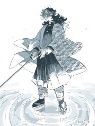 Rule 34 | 1boy, black hair, black jacket, buttons, demon slayer uniform, full body, highres, holding, holding sword, holding weapon, jacket, katana, kimetsu no yaiba, legs apart, long hair, male focus, messy hair, monochrome, on water, oshioo o, profile, puffy pants, sandals, simple background, solo, standing, sword, tomioka giyuu, twitter username, weapon, white background