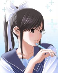 1girl black_eyes black_hair blue_sailor_collar blush bow collarbone hair_bow hand_up highres holding holding_pen looking_to_the_side love_plus official_art parted_lips pen plus_sign ponytail ribbon sailor_collar school_uniform serafuku short_sleeves sidelocks solo summer_uniform takane_manaka white_bow white_ribbon