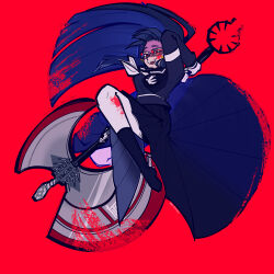 1girl armband axe blood blood_on_face bloody_weapon female_focus full_body glasses holding holding_axe holding_weapon last_defense_academy_school_uniform long_hair open_mouth pleated_skirt purple_hair red_background shizuhara_hiruko simple_background skirt solo solo_focus teeth the_hundred_line_-last_defense_academy- upper_teeth_only weapon