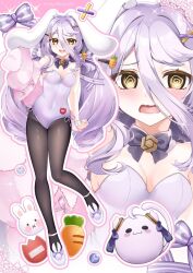 1girl @_@ carrot carrot_hair_ornament food-themed_hair_ornament fujishiro_kazuha hair_ornament henya_the_genius leotard pantyhose playboy_bunny vshojo white_leotard