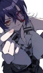 Rule 34 | breast pocket, breasts, checkered necktie, commentary request, eyepatch, finger heart, from above, high-waist skirt, highres, kantai collection, large breasts, mizoredama1, necktie, pocket, purple hair, shirt, short hair, skirt, sleeveless, sleeveless shirt, tenryuu (kancolle), tenryuu kai ni (kancolle), yellow eyes
