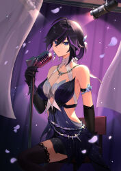 Rule 34 | 1girl, absurdres, ahoge, bare shoulders, black hair, black thighhighs, blue eyes, breasts, chair, cleavage, commentary request, cowboy shot, dress, falling petals, highres, indoors, lawine (strinova), looking at viewer, medium breasts, medium hair, microphone stand, multicolored hair, official alternate costume, on chair, petals, purple dress, purple hair, shiokawa (aokooo1730), sitting, solo, stage, stage lights, strapless, strapless dress, streaked hair, strinova, thighhighs
