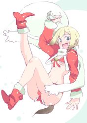 1girl bikini blonde_hair boots christmas dog_tail erica_hartmann female_focus santa_bikini santa_costume scarf short_hair solo strike_witches swimsuit tail touge_hiro world_witches_series