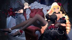 1girl animal_ears black_choker black_dress black_shoes black_thighhighs black_wings blonde_hair blue_eyes breasts bridal_veil cherub choker cleavage closed_mouth dress drill_hair feathered_wings flower gloves hair_between_eyes high_heels highres large_breasts long_hair lop_rabbit_ears mikoosoo on_chair purple_flower purple_rose rabbit_ears rose second-party_source shibi_cottonbum shoes smile solo strapless strapless_dress thighhighs twin_drills vallure veil virtual_youtuber wings ych_commission