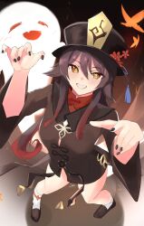 Rule 34 | 1girl, absurdres, black coat, black hat, black shorts, blush, boo tao (genshin impact), breasts, brown hair, bug, butterfly, coat, coattails, flower, full body, genshin impact, ghost, grin, hat, hat flower, highres, hu tao (genshin impact), insect, long hair, long sleeves, looking at viewer, plum blossoms, red eyes, s4ika, shorts, small breasts, smile, symbol-shaped pupils, tassel, twintails, very long hair